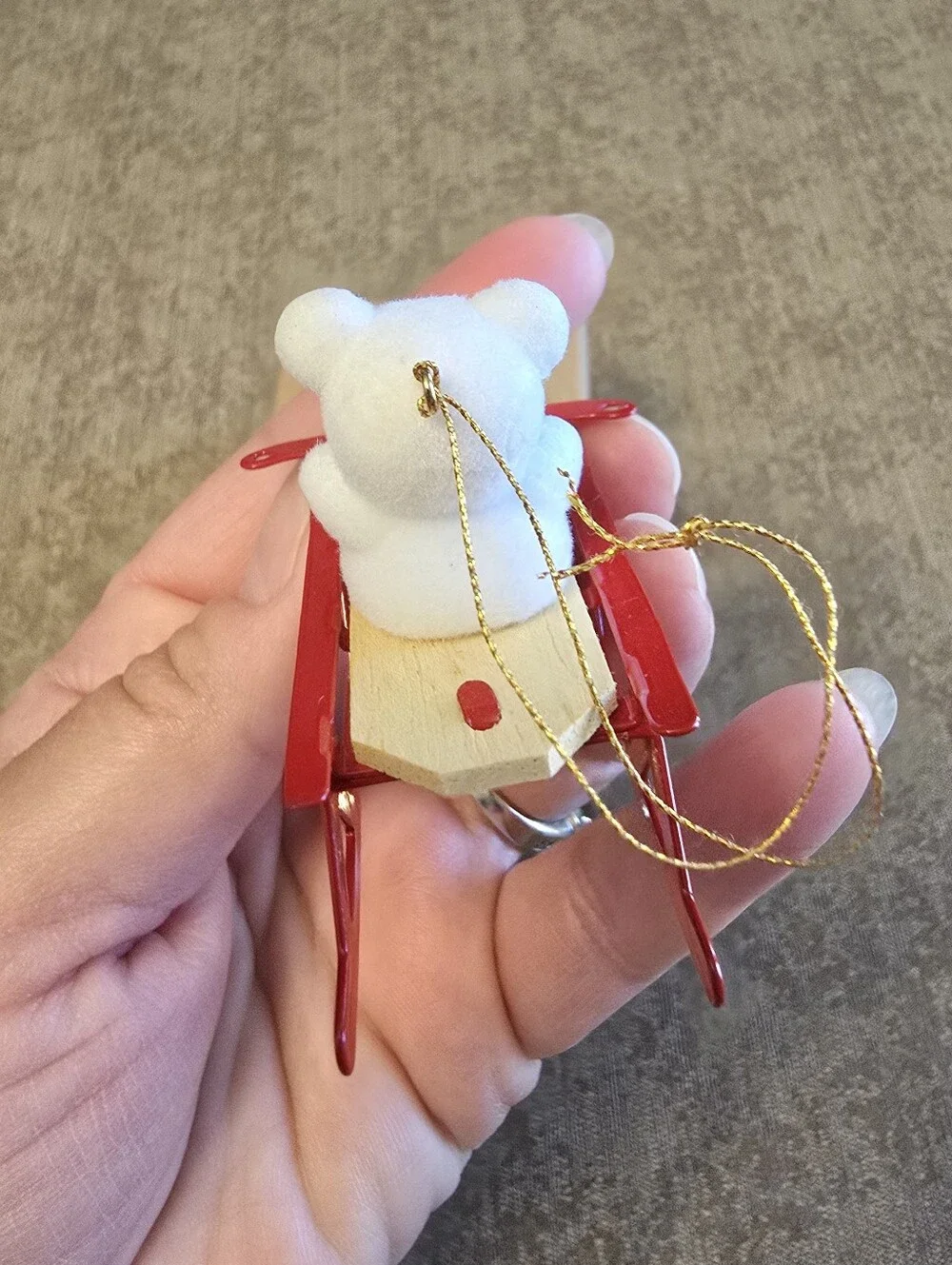 Vintage Avon Teddy on Sled Flocked Teddy Bear Collection Christmas Ornament